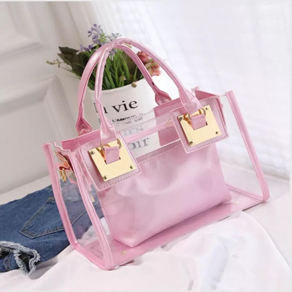 Pink 2 in 1 Clear PVC Bag w/ Makeup Pouch - Picture 4 of 12